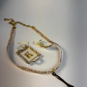 Floral Tea Party Jewelry Set Cream Ribbon Choker Spoon‎ Charm Whimsical Earrings